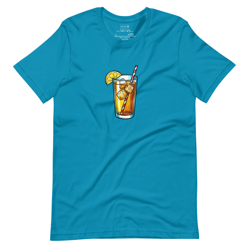 Marker illustration of tall iced tea glass with lemon and straw, Pop Art style, T-Shirt.