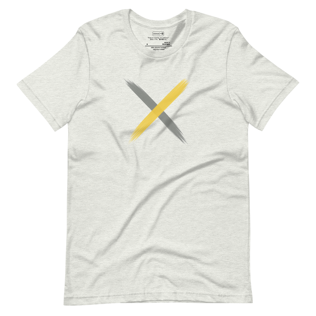 Two intersecting brushstrokes, one grey and one yellow, fading toward the ends, minimalist expressive T-Shirt design.