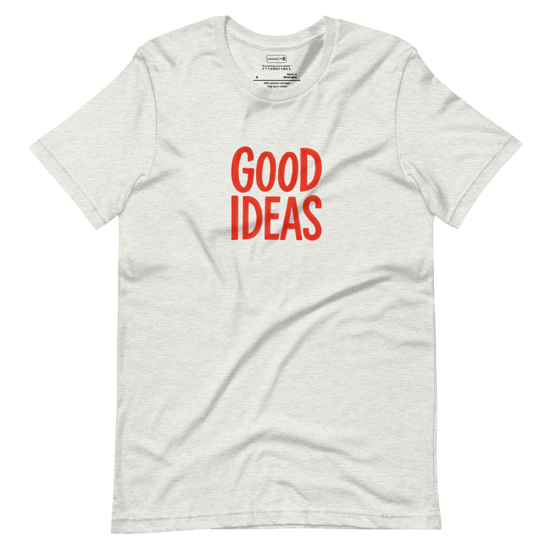 Minimal red text reading “Good Ideas” centered on white space, inspired by a blank notebook cover, minimalist T-Shirt design.