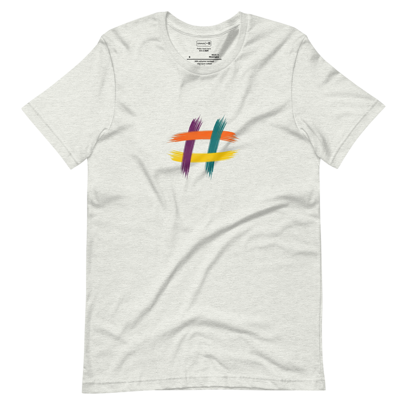Minimalist T-Shirt featuring a hashtag symbol made of four colorful paint brush strokes.