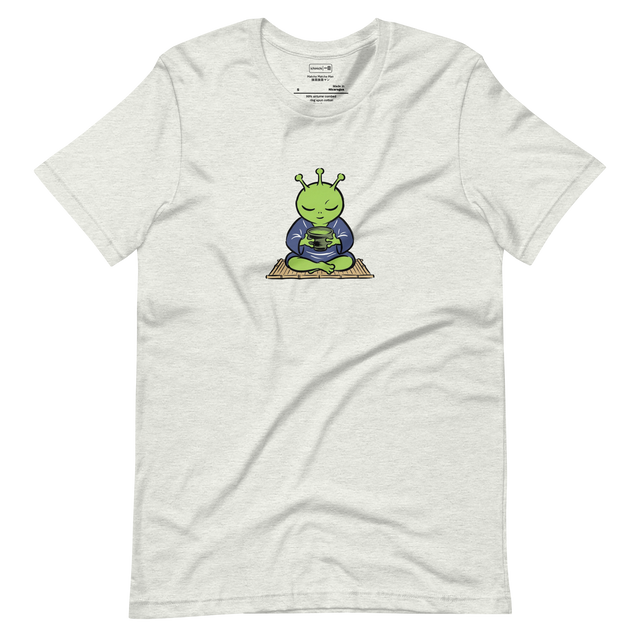 Minimalist line art illustration of a small martian sitting cross-legged holding a matcha bowl, Short Sleeve T-Shirt.