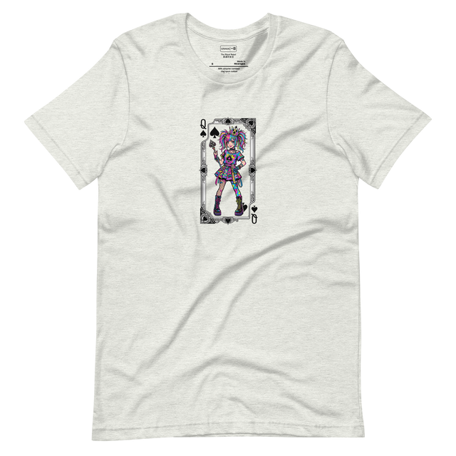 Graphic illustration of a Harajuku girl as the Queen of Spades on a Short Sleeve T-Shirt.
