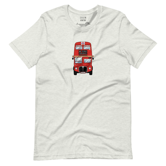 Front view marker illustration of a red London double decker bus on a short sleeve t-shirt.