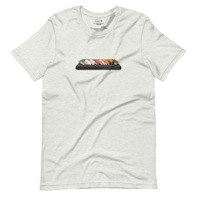 Stippling illustration of eight different sushi pieces on a wooden board from a low perspective on a Short Sleeve T-Shirt.