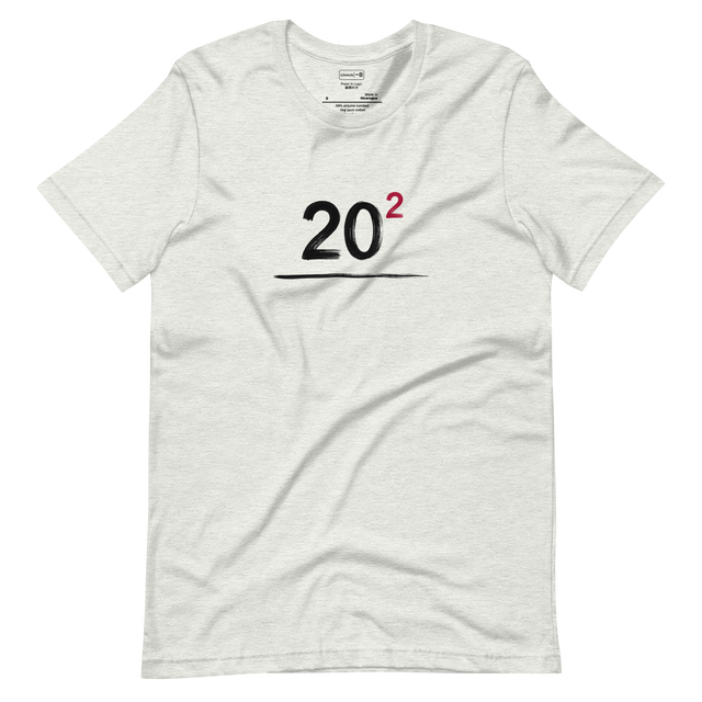 Minimalist mathematical equation 20 squared in black and red brush strokes on a Short Sleeve T-Shirt.