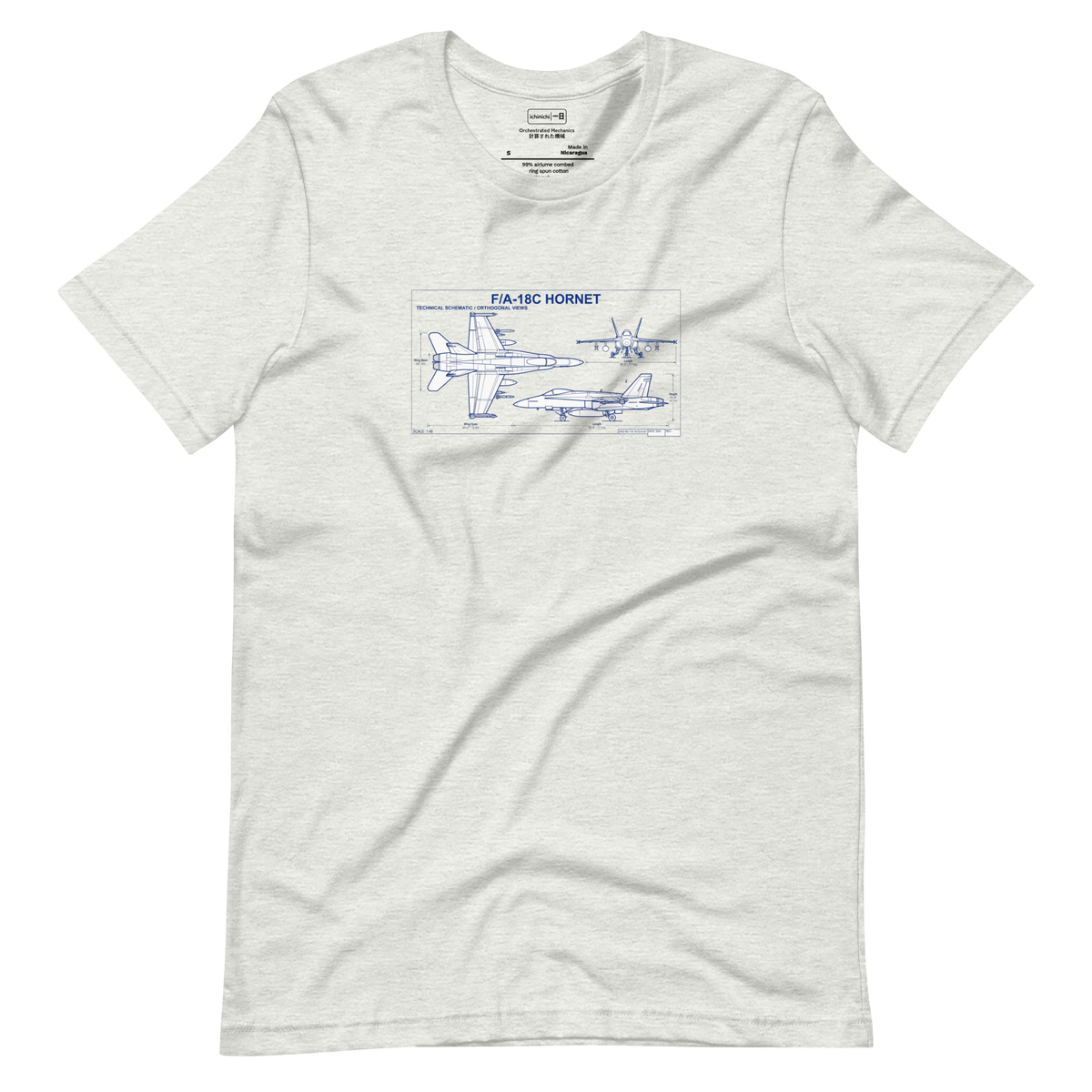 White line architects blue print schematic of an F/A-18 fighter jet on a Short Sleeve T-Shirt.