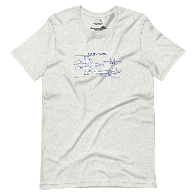 White line architects blue print schematic of an F/A-18 fighter jet on a Short Sleeve T-Shirt.