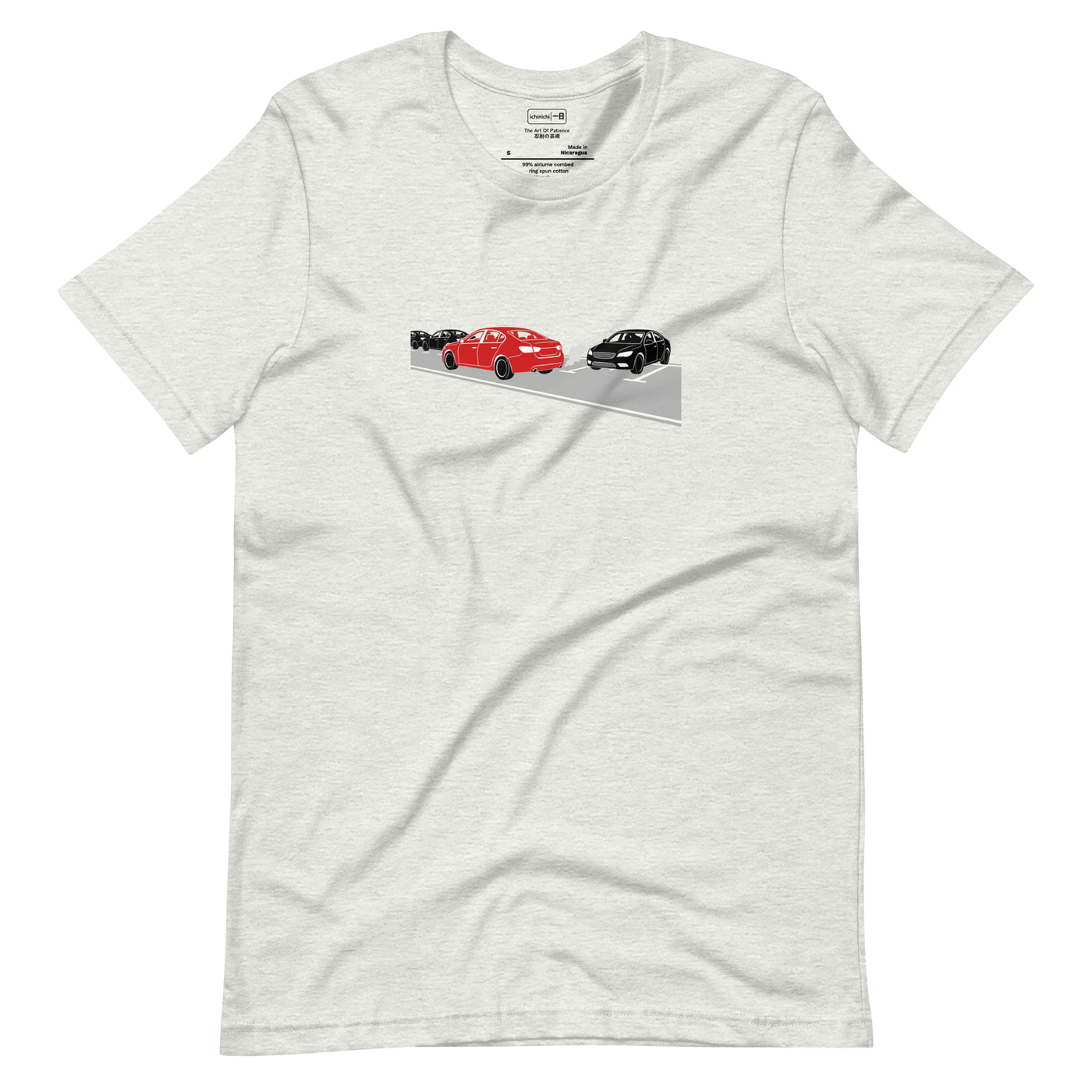 Simple line drawing silhouette of a car waiting for a parking space on a short sleeve t-shirt.