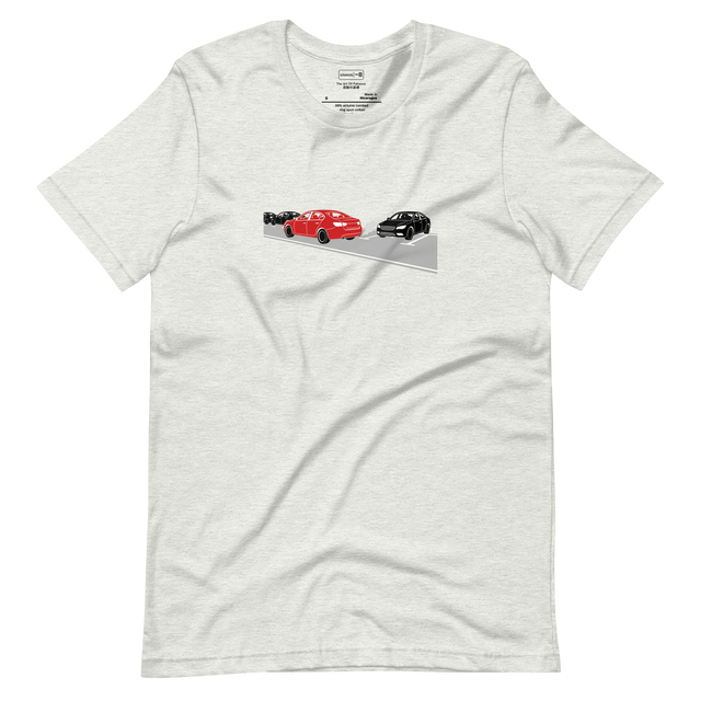 Simple line drawing silhouette of a car waiting for a parking space on a short sleeve t-shirt.