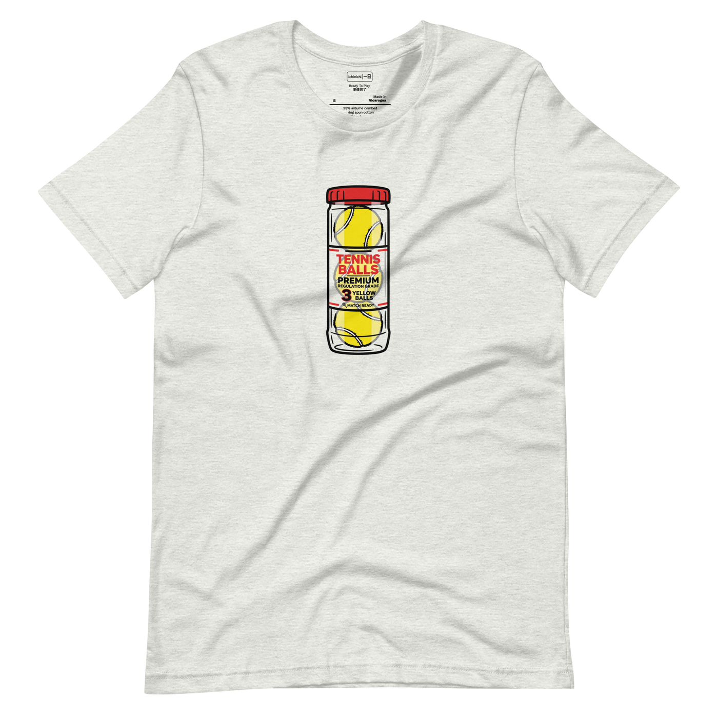 Short Sleeve T-Shirt with marker illustration of three yellow tennis balls in a clear can with a red cap
