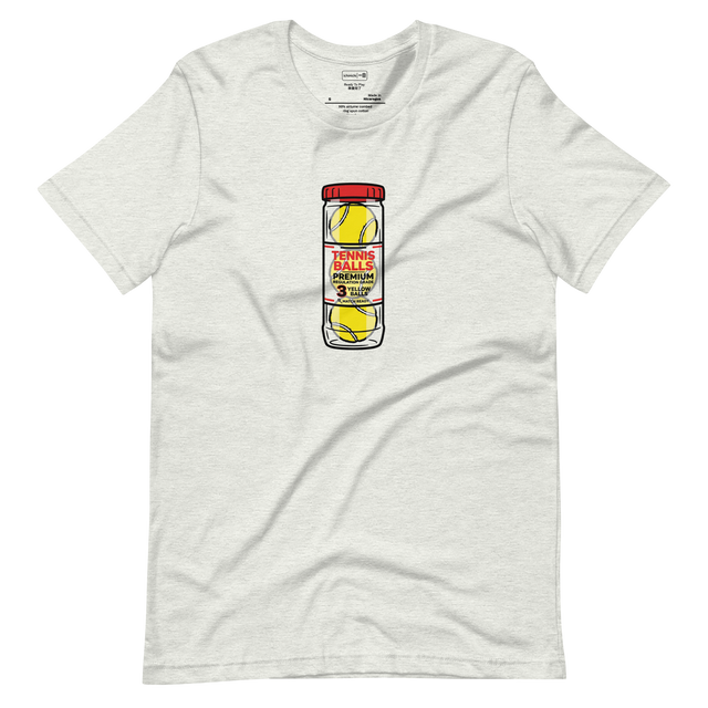 Short Sleeve T-Shirt with marker illustration of three yellow tennis balls in a clear can with a red cap