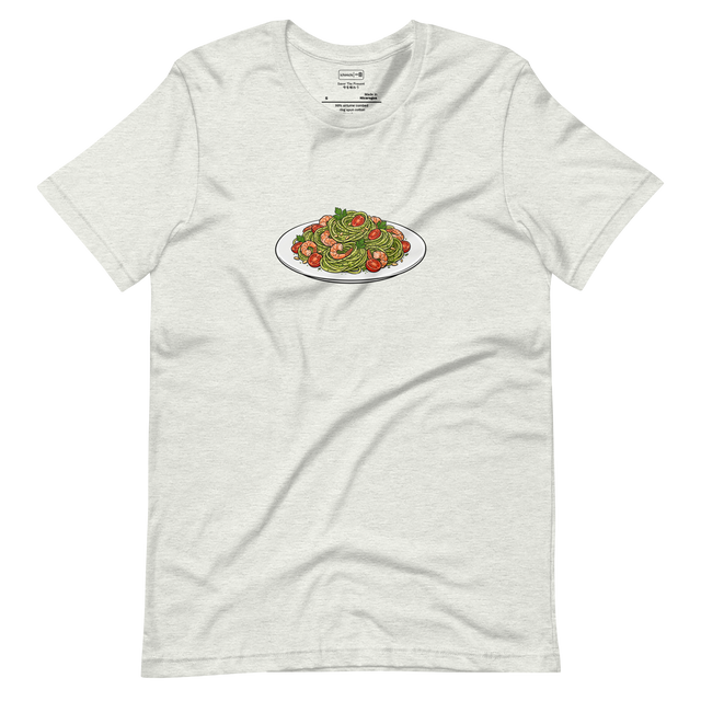 A grey Short Sleeve T-Shirt featuring a clean paint brush illustration of vibrant pesto linguini with shrimp on a crisp plate.