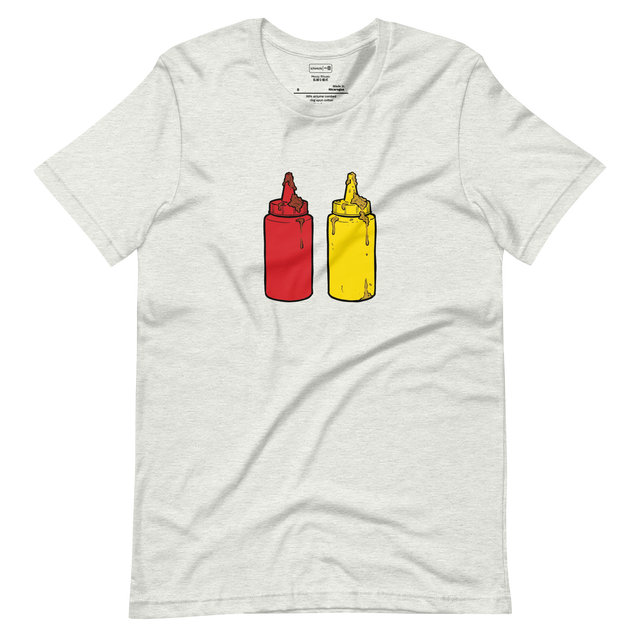 Marker illustration of a messy squeezy ketchup and mustard bottle pair on a Short Sleeve T-Shirt.