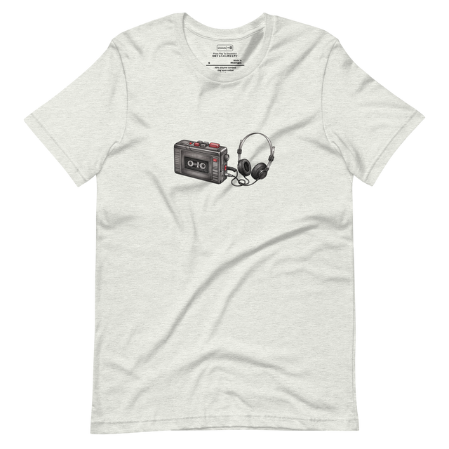 Short Sleeve T-Shirt featuring a cross-hatch illustration of a vintage cassette player and foam headphones.