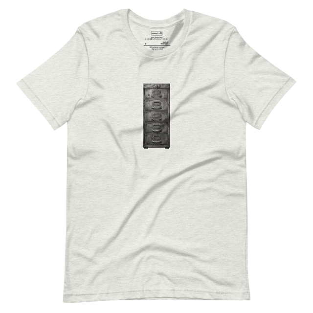 Cross-hatch ink illustration of a rusted vintage metal filing cabinet printed on a minimalist Short Sleeve T-Shirt.
