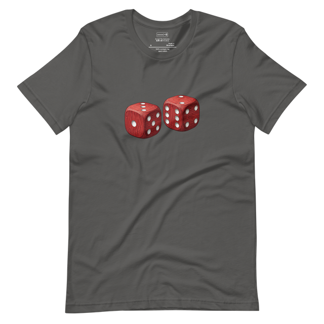 Red Dice short sleeve t-shirt featuring a high-contrast stippled illustration of two wooden dice.