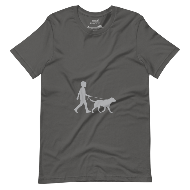 Solid light grey minimalist silhouette of a boy and his dog walking together, printed on a Short Sleeve T-Shirt.