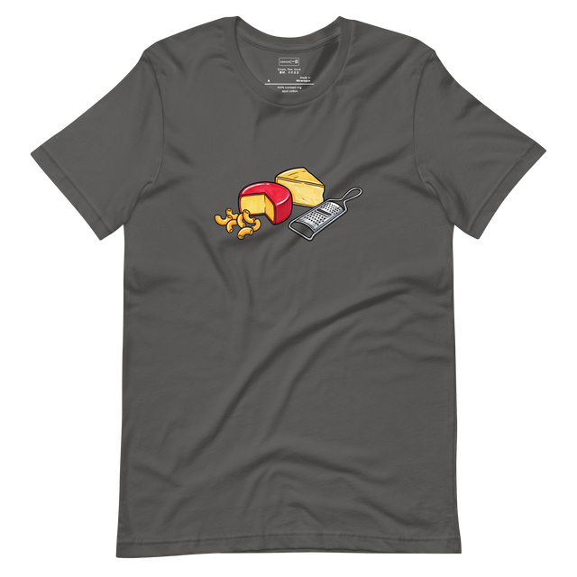 A minimalist marker illustration of macaroni, Gouda cheese with a red rind, yellow cheese, and a hand-held shredder on a Short Sleeve T-Shirt.