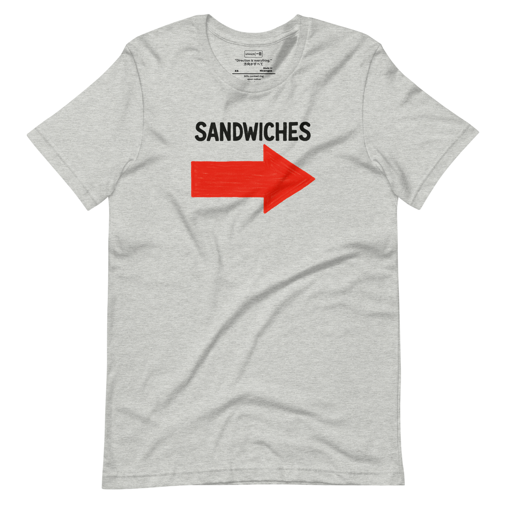 Minimalist typography design reading “SANDWICHES” with a bold downward arrow, inspired by New York street signage.