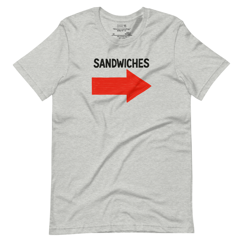 Minimalist typography design reading “SANDWICHES” with a bold downward arrow, inspired by New York street signage.