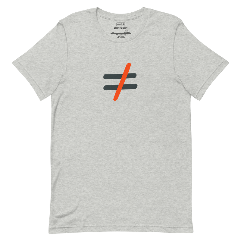 Minimal dark grey not-equal symbol with bright orange vertical line on a T-Shirt design.
