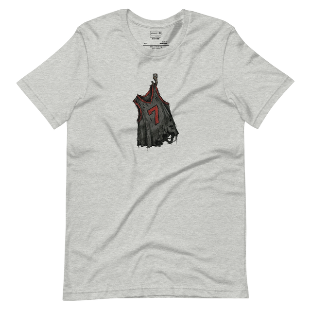 Cross-hatch ink illustration of a frayed basketball jersey with number 7 on a rusted hook, Short Sleeve T-Shirt.