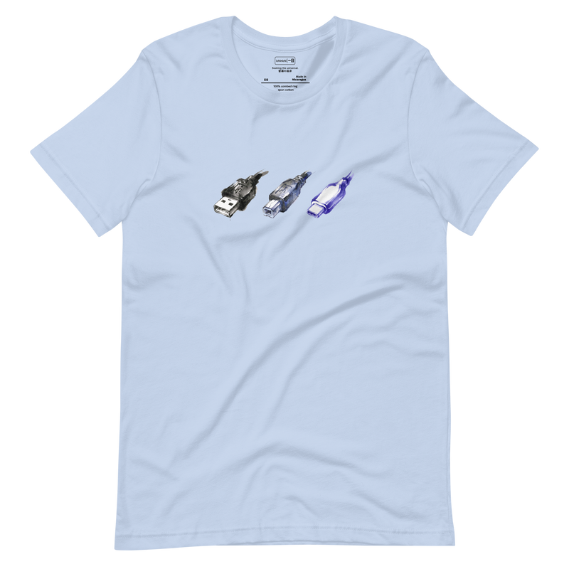Ink wash illustration of USB-A, USB-B, and USB-C connectors on a T-Shirt.