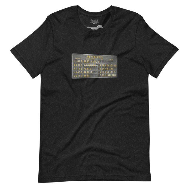 Minimalist vector illustration of a split-flap train station display showing letters flipping, Short Sleeve T-Shirt.