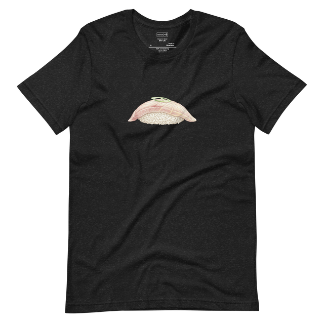 Stippling illustration of hamachi yellowtail sushi with green onion on a Short Sleeve T-Shirt.