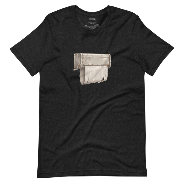 Cross-hatch ink illustration of a rusted vintage continuous cloth towel dispenser with a frayed fabric loop on a Short Sleeve T-Shirt.