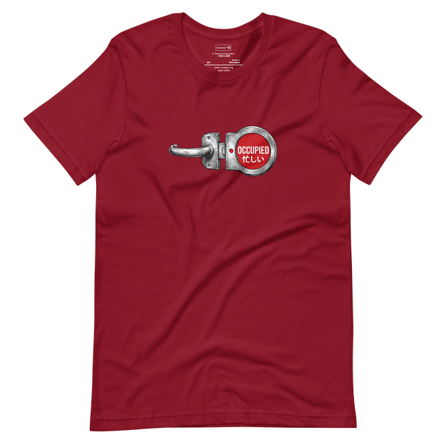 Short Sleeve T-Shirt featuring a cross-hatch ink drawing of a sliding door lock with a solid red occupied indicator and Japanese text.