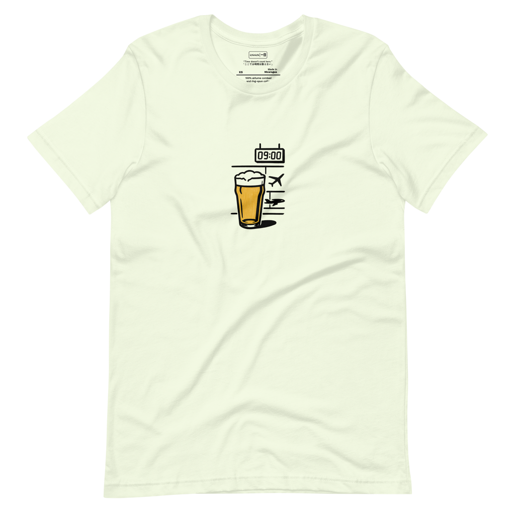 Minimalist brush pen illustration of beer pint with 9AM clock and airplane at airport window

