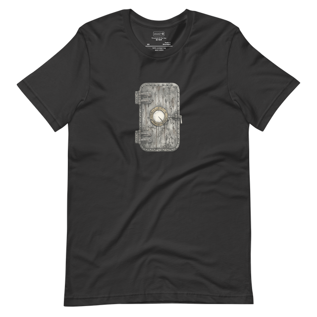 Detailed stippling illustration of a rusted ship port door with a round window on a Unisex Short Sleeve T-Shirt.