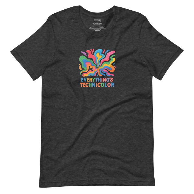 Abstract colorful art with warped rainbow shapes and chaotic energy on black shirt