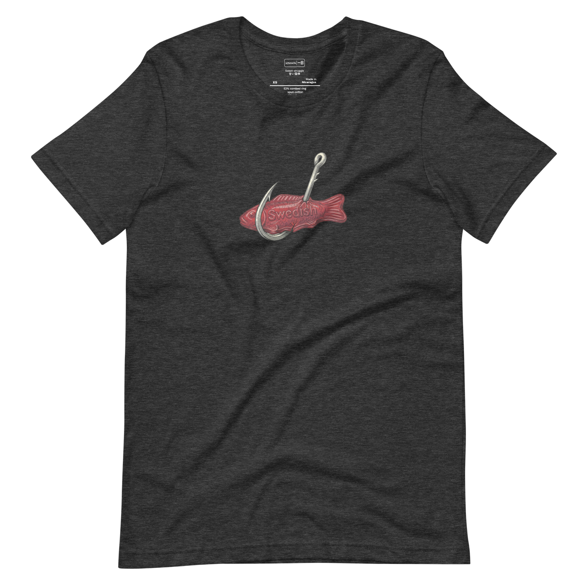 Minimalist illustration featuring a realistic metal fish hook snagging a red Swedish Fish gummy candy.