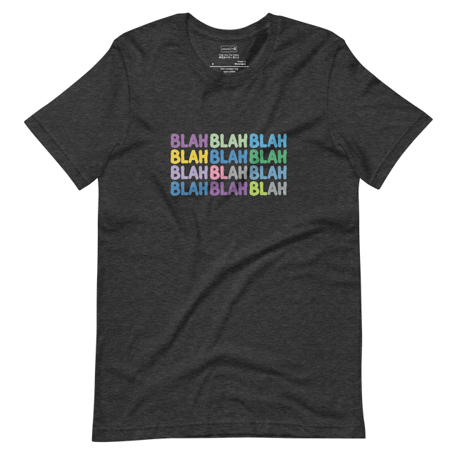 Short Sleeve T-Shirt featuring a grid of distressed, colorful block letters spelling BLAH repeatedly.