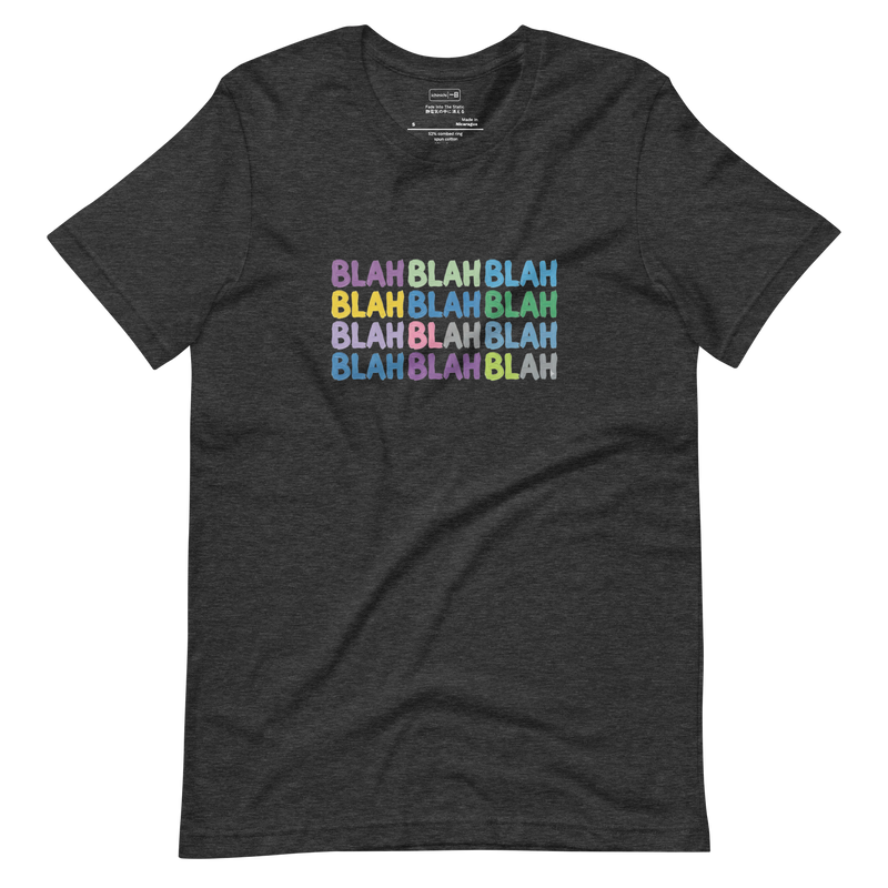 Short Sleeve T-Shirt featuring a grid of distressed, colorful block letters spelling BLAH repeatedly.