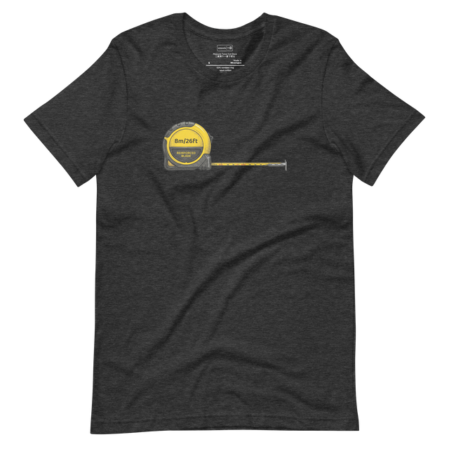 Cross-hatch ink illustration of a yellow contractor's tape measure with tape extended on a Short Sleeve T-Shirt.