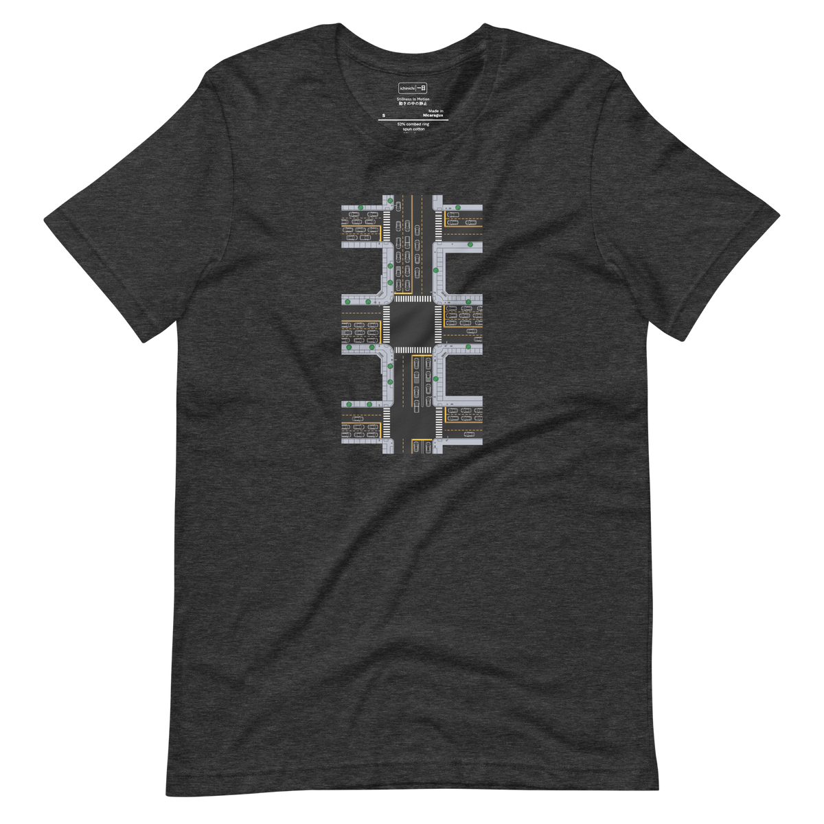 Simple line drawing of cars in traffic with yellow road lines on a Short Sleeve T-Shirt.