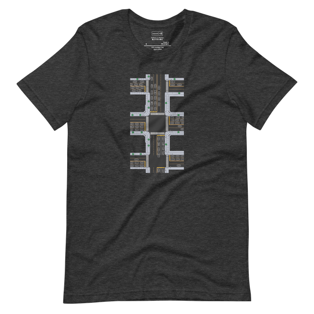 Simple line drawing of cars in traffic with yellow road lines on a Short Sleeve T-Shirt.