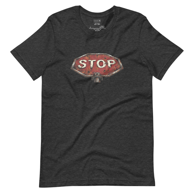 A cross-hatch ink illustration of a weathered, rusted red stop sign with white text, Short Sleeve T-Shirt.