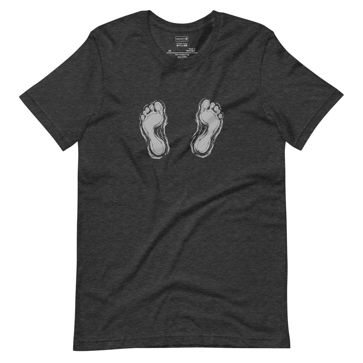 Minimalist grey silhouette of two footprints on a Short Sleeve T-Shirt.