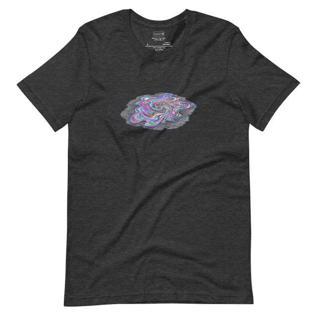 A Short Sleeve T-Shirt featuring a graphic of a swirling, iridescent oil slick on dark asphalt painted with clean lines.