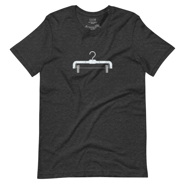 A minimalist simple line drawing of a plastic pants hanger with metal clips on a Short Sleeve T-Shirt.