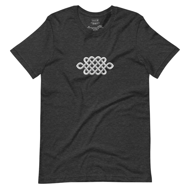 Graphite pencil drawing of an eternal knot on a minimalist short sleeve t-shirt.