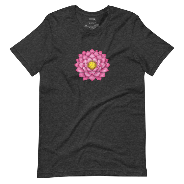 Short Sleeve T-Shirt featuring a top-down view of a pink lotus flower with a yellow center, drawn in a cross-hatch colored pencil style.