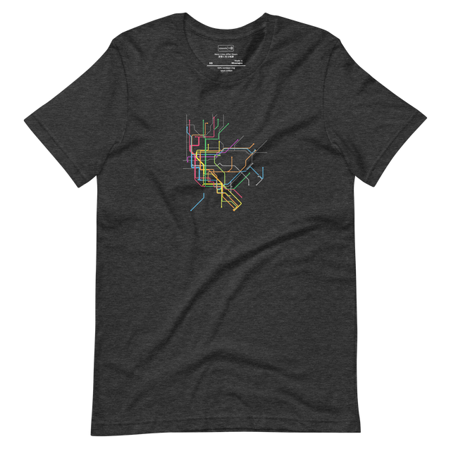Short Sleeve T-Shirt featuring a bold neon marker illustration of the late-night NYC subway map spanning all boroughs with circular stops.