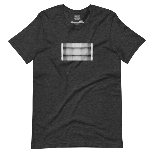 Short Sleeve T-Shirt featuring a high-contrast, top-down stippled drawing of grooved heavy metal escalator steps.
