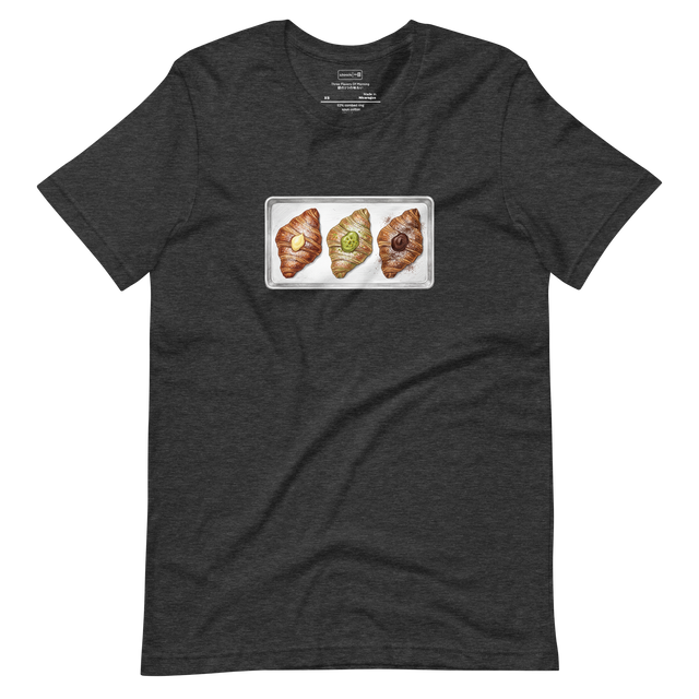 Hand-drawn color pencil illustration of three filled croissants with varied fillings on a metal tray printed on a Short Sleeve T-Shirt.