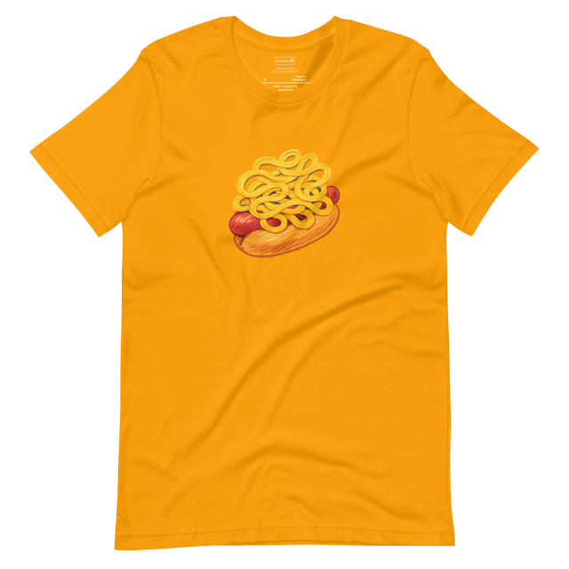 Pop-art-style hot dog with excessive yellow mustard in bold marker lines
